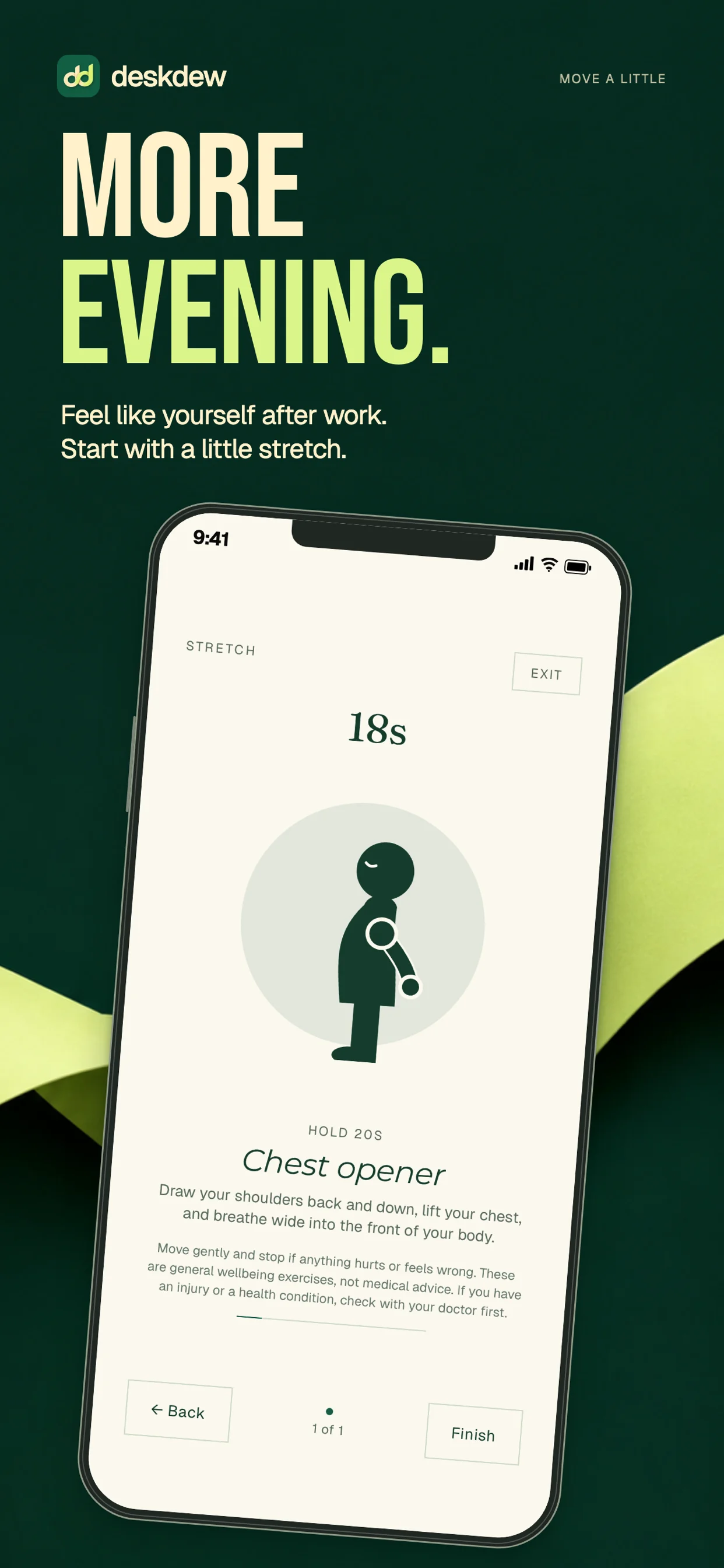 More evening. Feel like yourself after work. Deskdew guides a chest-opener stretch with an illustration and countdown.