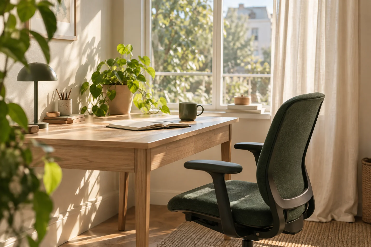 An empty green chair pulled away from a sunlit wooden desk, with a notebook, ceramic cup, and leafy plant.